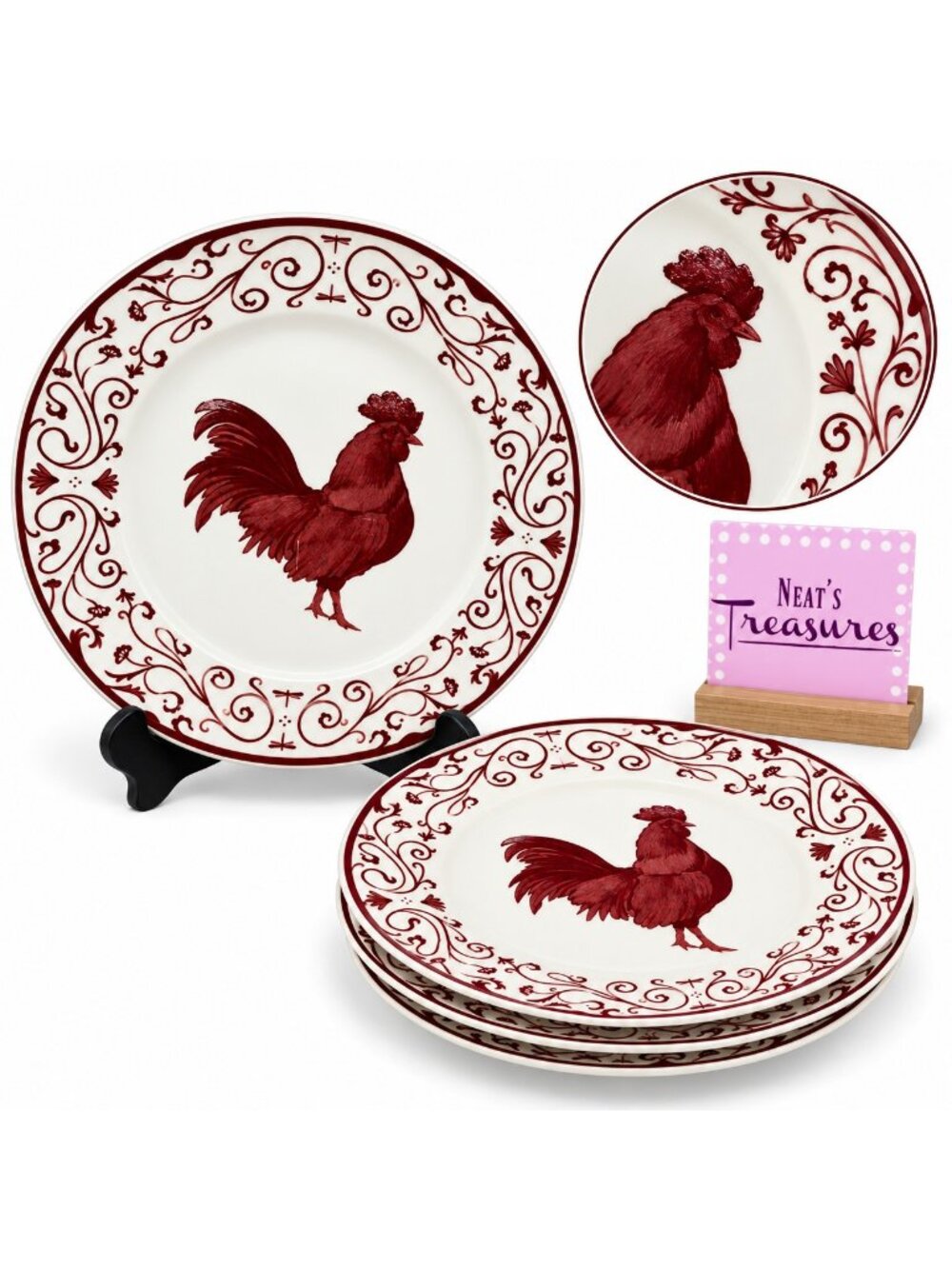 Canterbury Potteries COUNTRY TOILE Red Rooster Scroll Ceramic Salad Plate Set 4